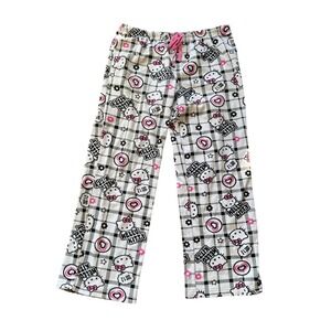 Hello Kitty Sanrio Fleece Pajama Pants Large Plaid Heart Print Pink Drawstring